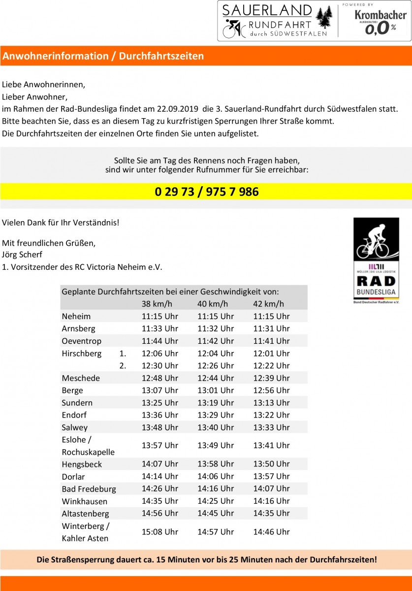 Anwohnerinformation Sauerland Rundfahrt